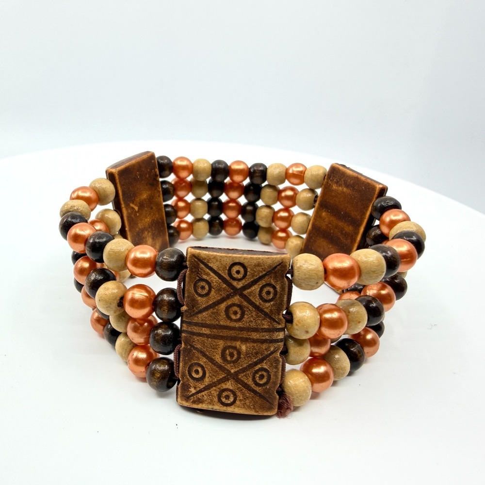 Vintage Multi Strand Wood Bead Cuff Bracelet Tribal Boho Retro